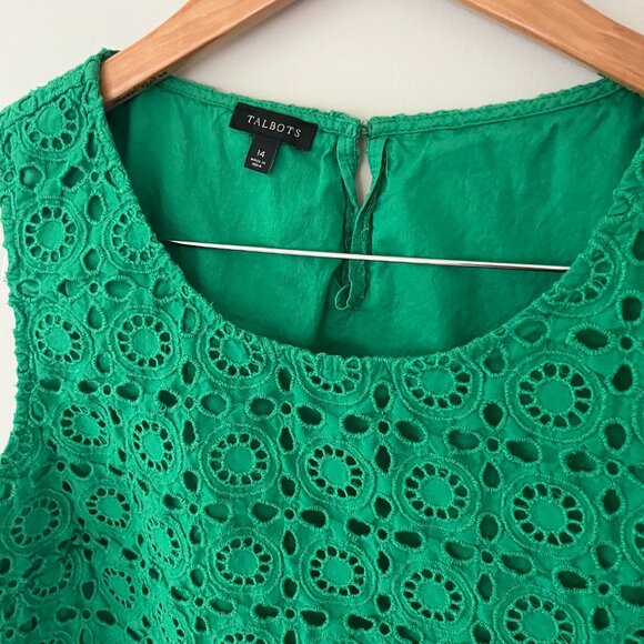 Talbots Eyelet Sleeveless Top Size 14 Green Blouse Summer Cotton Shell - Picture 3 of 6